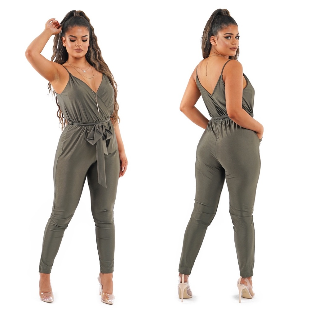 Olive Surplice Self-Tie Belt Jumpsuit